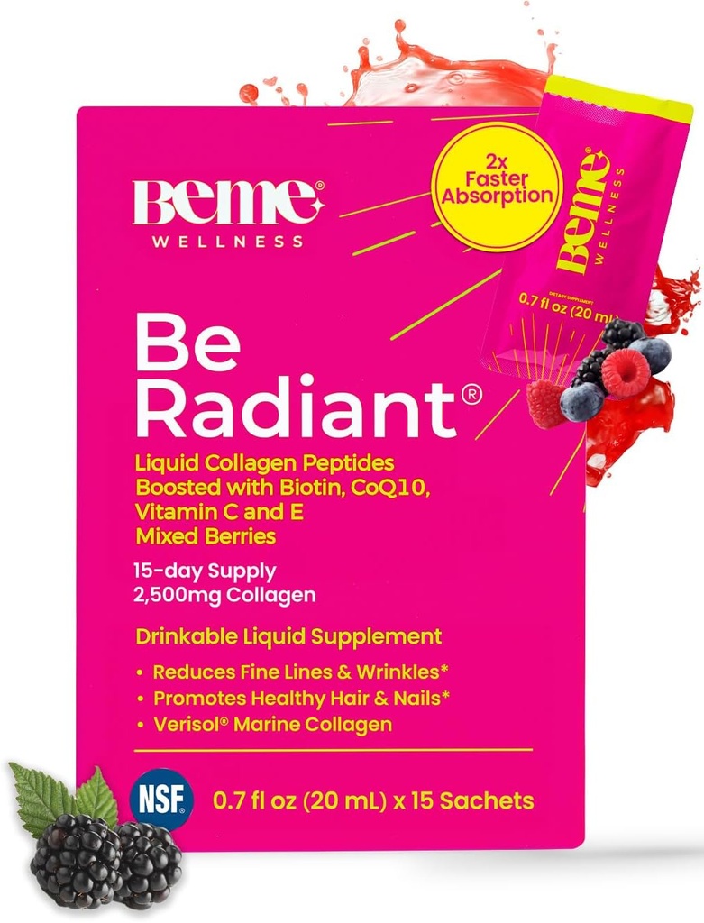 BeMe Peptide de collagène liquide BeRadiant pour cheveux, peau et ongles avec 2X Absorption plus rapide – testé cliniquement – suppléments de collagène hydrolysés Verisol 2500mg pour les femmes avec biotine, CoQ10 et vitamine C