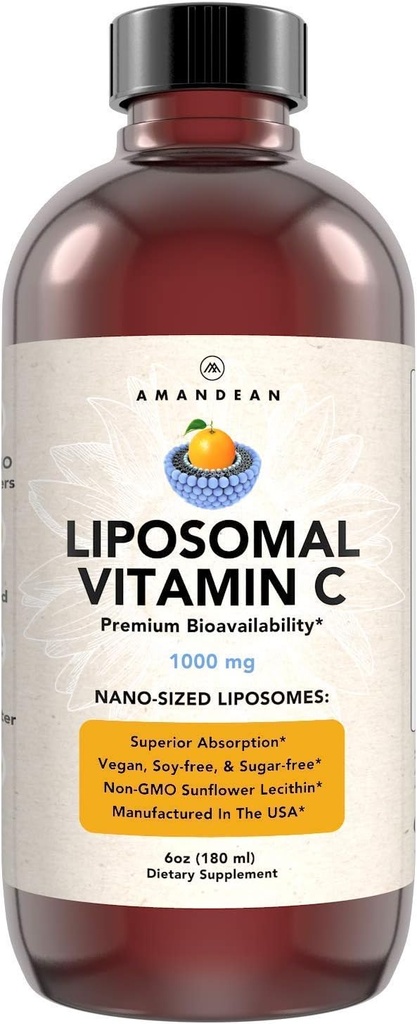 AMANDEAN Vitamine liposomique C 1000mg. Supplément VIT C liquide. Soutien immunitaire, santé de la peau, production de collagène. Livraison d'antioxydants à absorption rapide. Quali-C, sans soja, végétalien, non OGM.