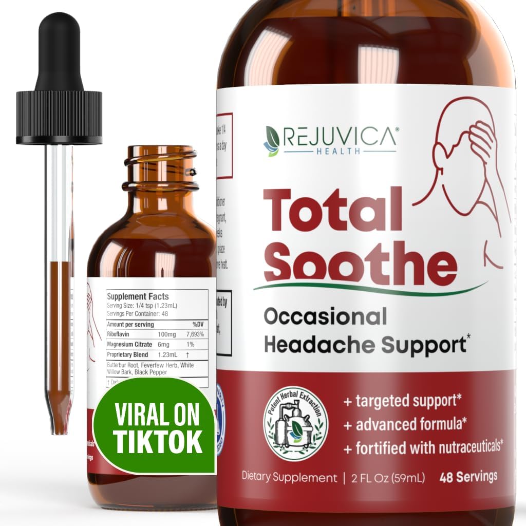 Rejuvica Health Total Soothe - Supplément de soutien aux maux de tête occasionnels avancé - Livraison liquide pour une meilleure absorption - Feverfew, Riboflavin, Butterbur, Black Pepper & More!