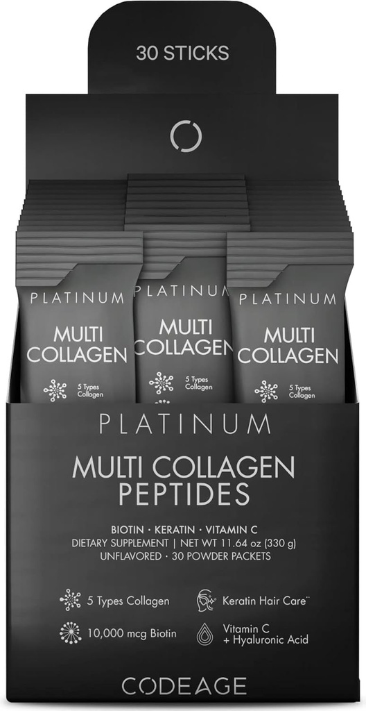 Codeage Multi Collagène et Biotine 10 000 mcg + Vitamine C, B6 & D3, Kératine, Acide Hyaluronique, Niacine, 18 Acides Amino - Supplément Stick Packs - 5 types de protéines de collagène – 30 emballages en poudre