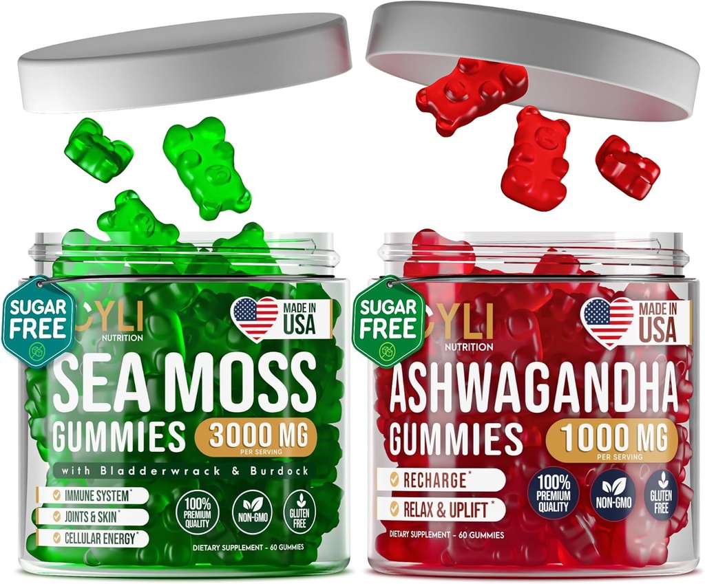 Isrish Sea Moss & Ashwagandha Gummies - Ashwagandha Suppléments & Sea Moss Supplément pour adultes, enfants - Irish Sea Moss Bladderwrack Burdock Root Ashwagandha - 60 Ashwagandha, 60 Irish Sea Moss Gummies