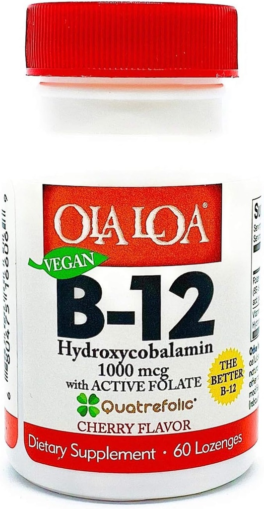 Ola Loa Vitamine B12 Sublingual Cerise Complément diététique - HydroxyCobalamine, Folate actif, Formule végétalienne - Promouvoir l'énergie, le nerf et le soutien du cerveau de votre corps - 60 comprimés