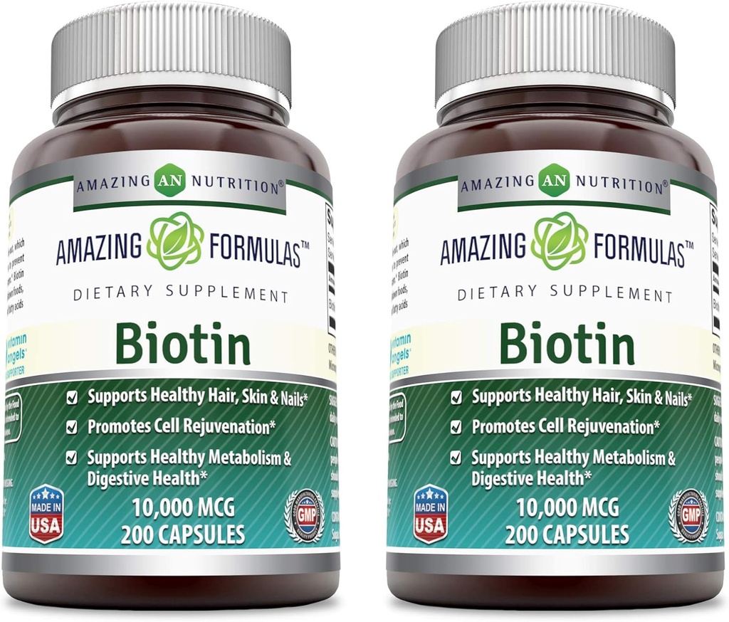 Formules étonnantes Biotine 10000 mcg Gélules Veggies (200 Count) Supplément Vitamine B7 (200 Count)