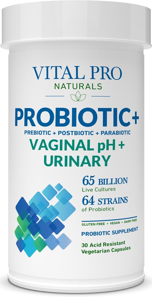 Vital Pro Naturals - pH vaginal et probiotiques urinaires + prébiotiques, postbiotiques, parabiotiques, supplément 4-en-1 pour les femmes, haute puissance, 64 souches, digestif, vaginal, urinaire, santé immunitaire, 30 ct