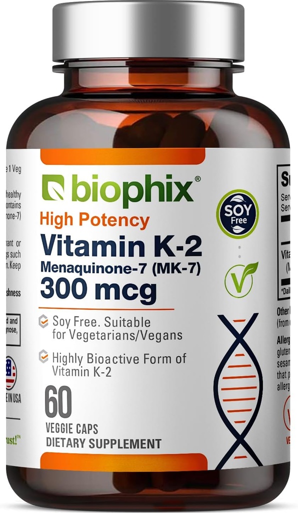 biophix Vitamine K2 MK-7 300mcg, 60 Capsules Vegan – Supplément haute capacité pour la force osseuse et la santé immunitaire
