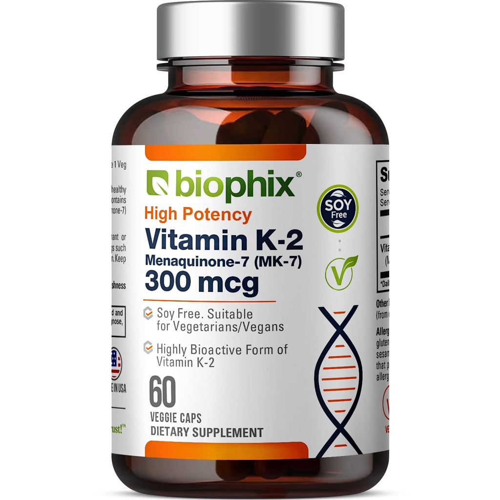 biophix Vitamine K2 MK-7 300mcg, 60 Capsules Vegan – Supplément haute capacité pour la force osseuse et la santé immunitaire