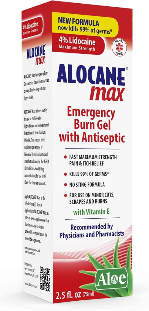 Alocane Max Emergency Burn Gel, 4% Hydrochlorure de lidocaïne, Antiseptique Tue 99 % de Germs, Douleur de force maximale et soulagement des démangeaisons, pour les coups de soleil, Gel de brûlure de premiers soins avec Aloe Vera– 2,5 fl oz