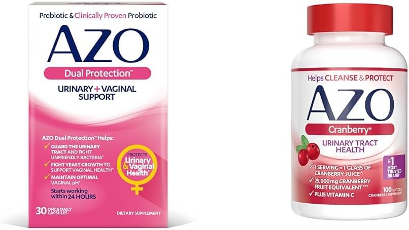 AZO Dual Protection (en anglais seulement) Urinaire + Vaginal Support* (en anglais seulement) Prébiotique Plus Probiotique pour femmes éprouvées cliniquement Commence à travailler dans les 24 heures.