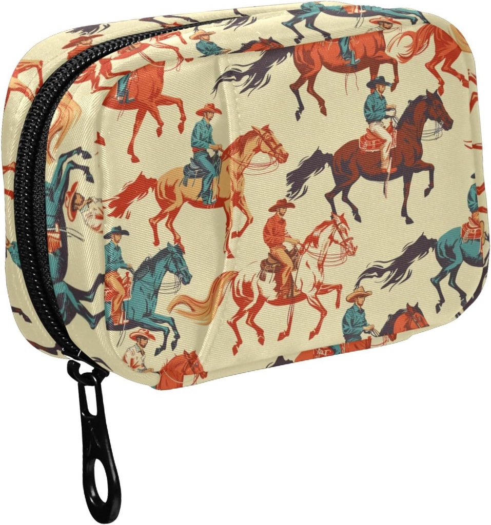 Fustylead Vibrant Rétro Western Cowboy Horse Pill Organizer for Purse, Boîte à pilule portable hebdomadaire avec fermeture éclair pour stocker les vitamines Huiles de poisson Médicaments Suppléments