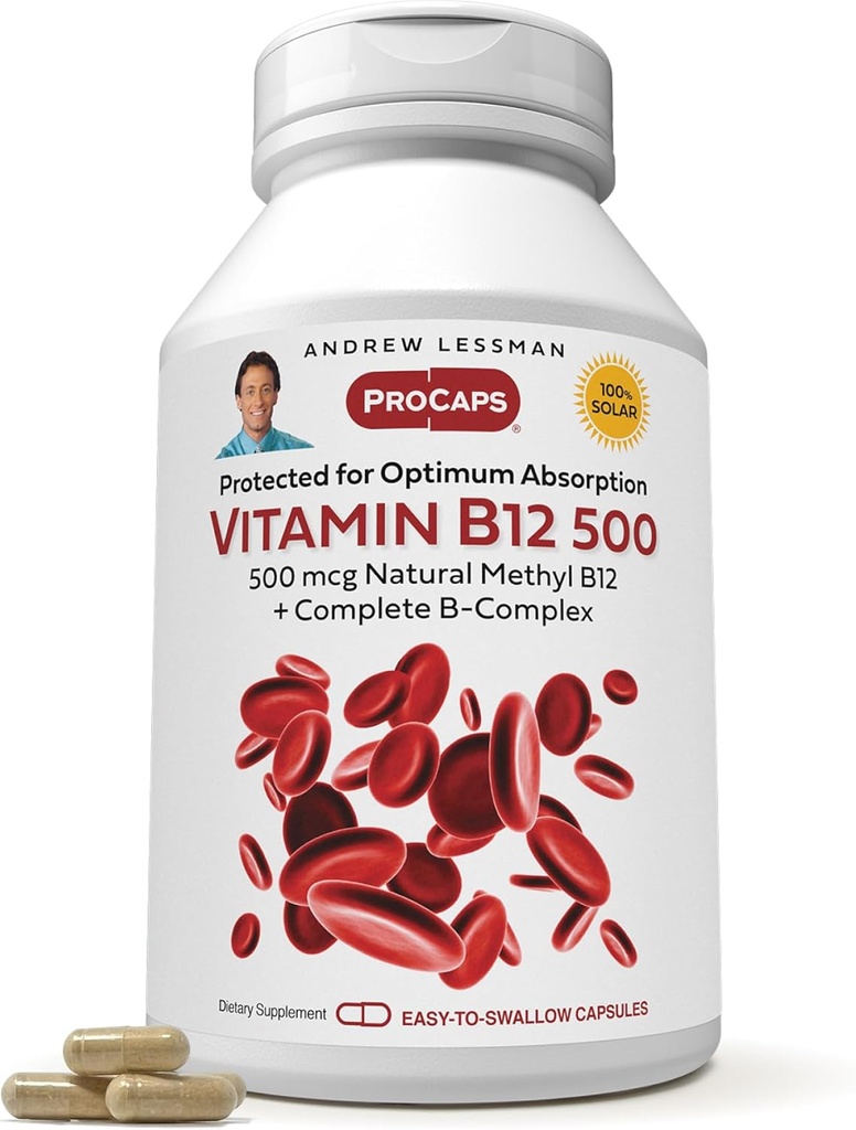 ANDREW MOINSMAN Vitamine B12 500 180 Capsules - Méthylcobalamine protégée par l'absorption (Coenzyme naturelle vitamine B12), essentielle pour le soutien de l'énergie et du stress, plus complexe B, capsules faciles à avaler