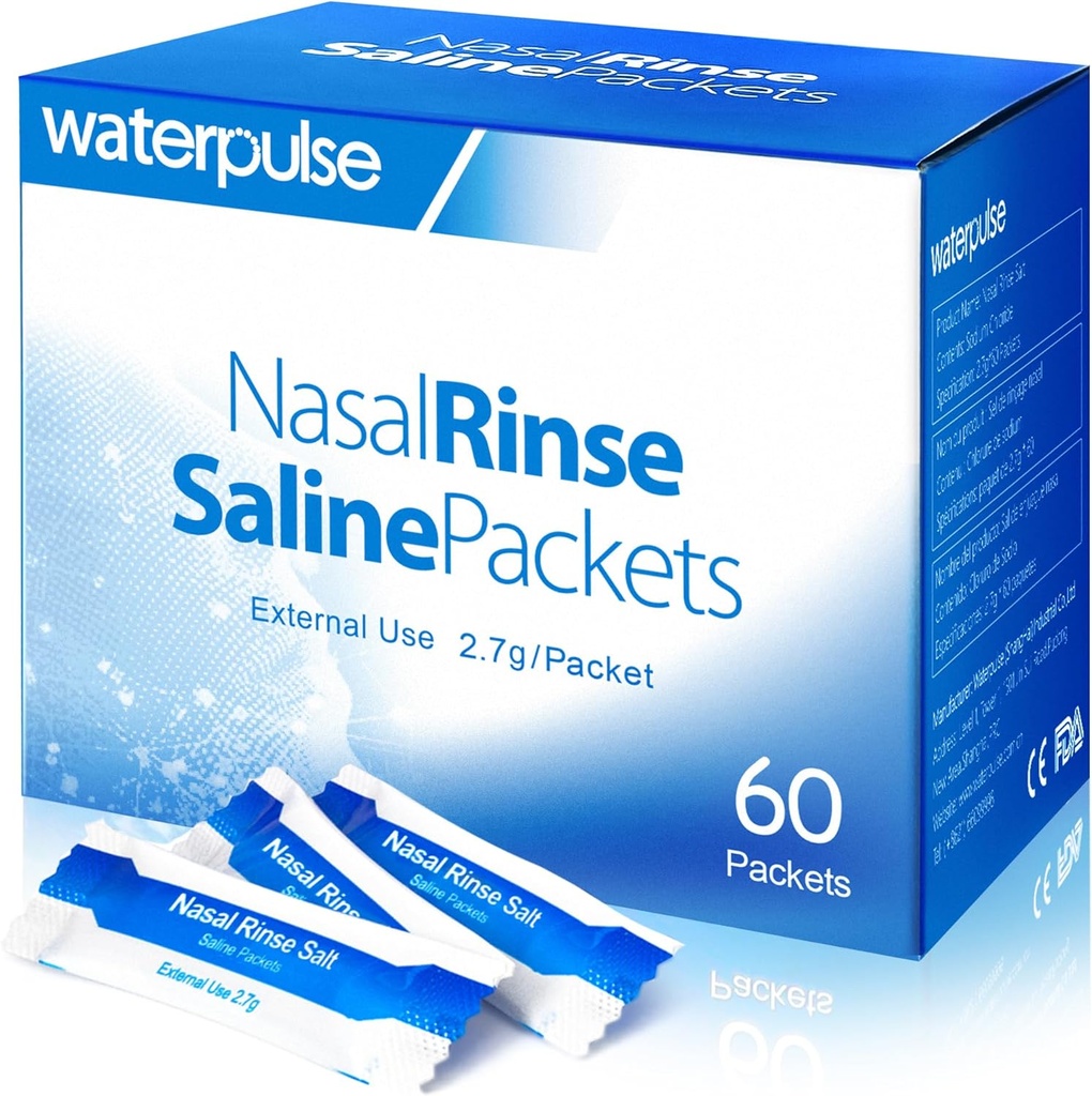Waterpulse 60 Paquets de rinçage nasal, Paquets efficaces de sel de Neti Pot, Paquets de sel de rinçage nasal emballés individuellement - Solution pratique pour la sinusite, les allergies et le soulagement du froid