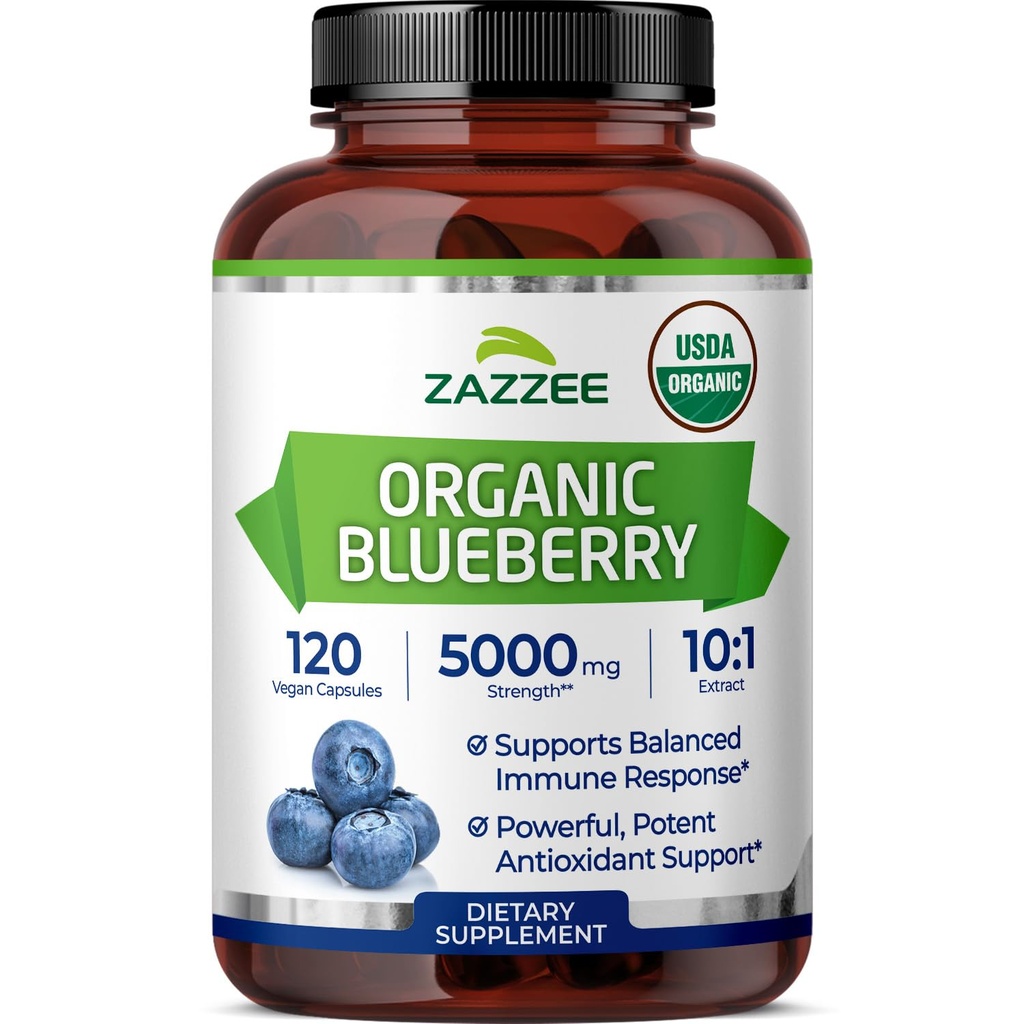 Zazzee USDA Extrait de bleuet biologique 10:1, 5000 mg de force, 120 capsules végétales, 4 mois d'approvisionnement, concentré et normalisé 10X extrait de fruits entiers, 100% végétarien, non-OGM, fabriqué aux États-Unis