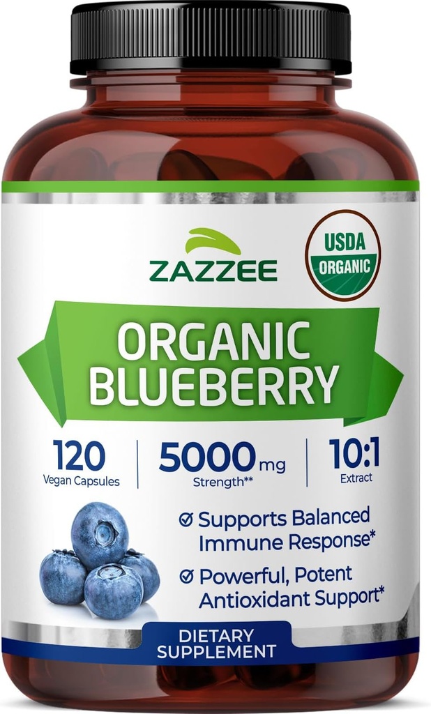 Zazzee USDA Extrait de bleuet biologique 10:1, 5000 mg de force, 120 capsules végétales, 4 mois d'approvisionnement, concentré et normalisé 10X extrait de fruits entiers, 100% végétarien, non-OGM, fabriqué aux États-Unis