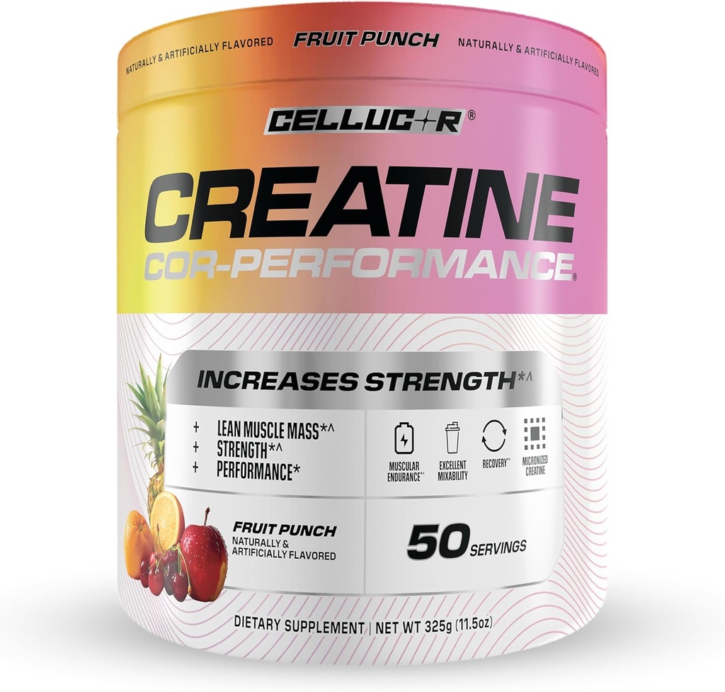 Poudre de créatine cellucor, parfum de punch de fruits - Augmente la force, la masse musculaire maigre et l'endurance, la créatine micronisée pour l'absorption rapide, 5g de créatine par portion, 50 portions