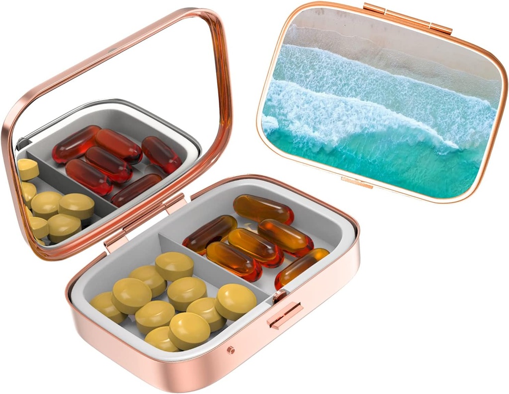Mignon petite coque à pilules pour les poches et les purs, élégante boîte à pilules fait un grand cadeau, 2 Compartiment médecine de voyage Organisateur magasins Progestérone, pilules de capsule, Ibuprofène, Vitamines-Rose Gold Color Beach