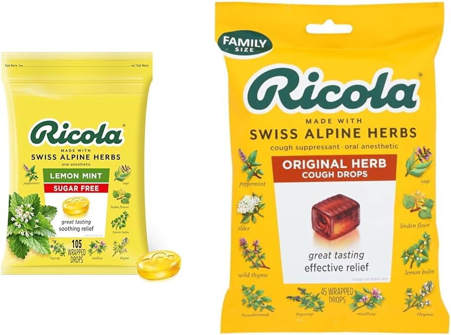 Ricola sans sucre Pas de menthe de citron Toux Supprimant Gorges gouttes, 105ct Sac et original naturel Toux Toux Supprimant Gorges gouttes, 45 gouttes, Combats Toux Naturellement