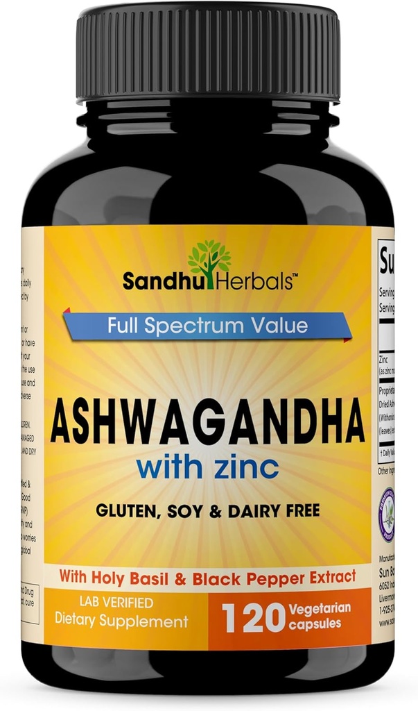 SANDHUHERBALS Sandhu Herbals Ashwagandha Supplément de 120 Organic 4 en 1 Capsules, 2 mois d'approvisionnement avec zinc, poivre noir et extrait de basilic saint.