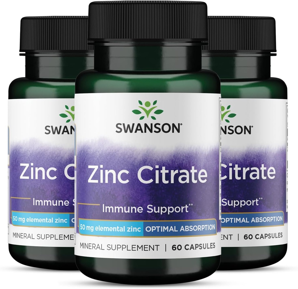 Citrate de zinc de Swanson - supplément minéral favorisant la santé de la vision et du système immunitaire - Formule naturelle appuyant le bien-être général - (60 capsules, 50mg chacune) 3 Pack