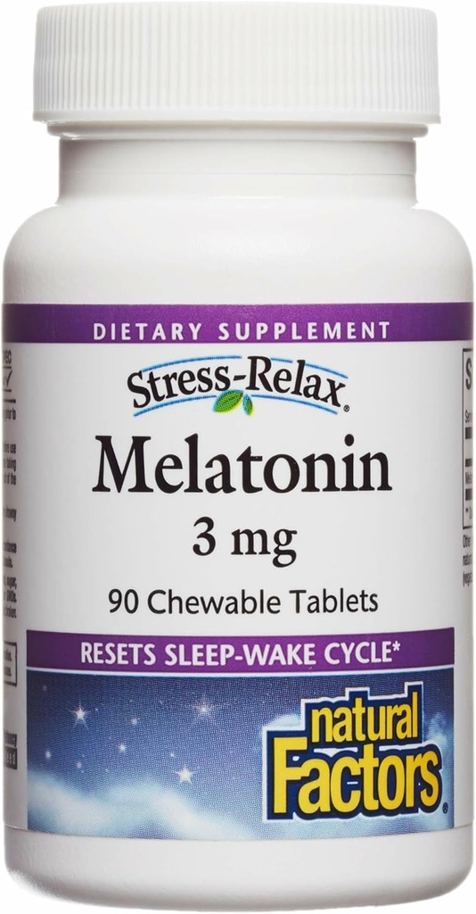Stress-Relax Melatonin 3 mg par Facteurs Naturels, Aide Naturelle au Sommeil, Réinitialise le Cycle Sleep-Wake, 90 comprimés à croquer (90 portions), Saveur de menthe poivrée