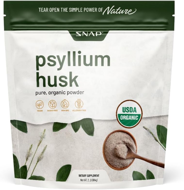 Snap Suppléments Psyllium Husk USDA Poudre biologique, Soutien Gut sain, Nettoyer le système digestif, Aides à la santé digestive, Non-OGM, Poudre biologique pure, 2LB