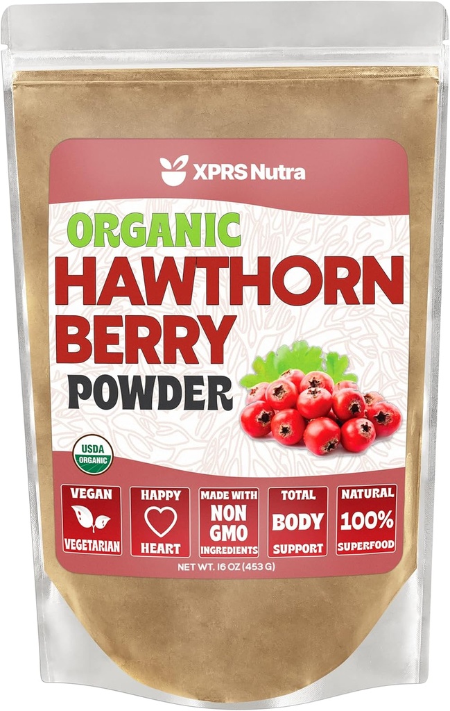 XPRS Nutra poudre de baies d'épines organiques - Premium USDA poudre de baies de hawthorne biologique pour le soutien cardiovasculaire - Vegan Friendly Hearth Health Supplement (16 once)