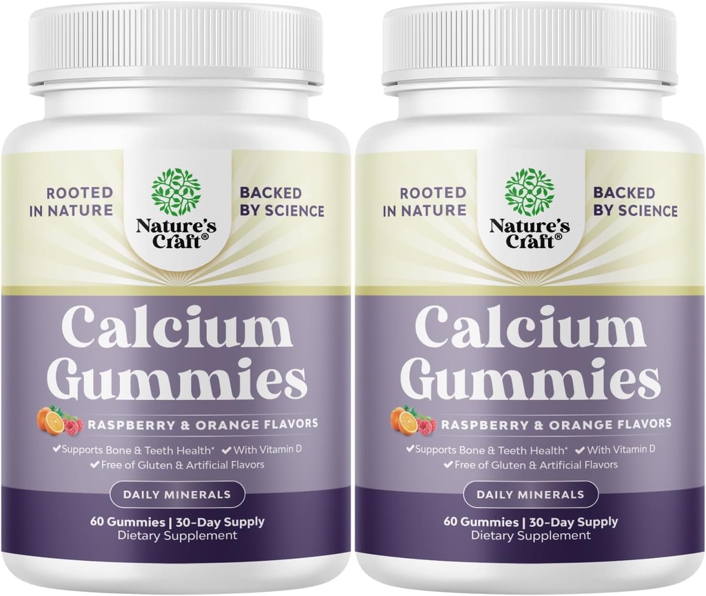 Natures Craft High Absorption Gommies Calcium avec Vitamine D3 - Delicious Calcium Gommies for Adults - Supplément à croquer et vitamine D pour la santé des os et les immunosupport sans gélatine 60ct (2 Pack)