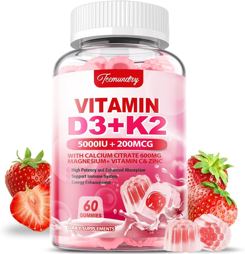 Vitamine D3 K2 Supplément pour adultes - Vitamine D3 5000 UI + K2 200 mcg - VIT D3 K2 Gummies avec Calcium 600mg Magnésium Zinc et vitamine C pour les femmes Hommes - Soutiens B0ne, Immune musculaire