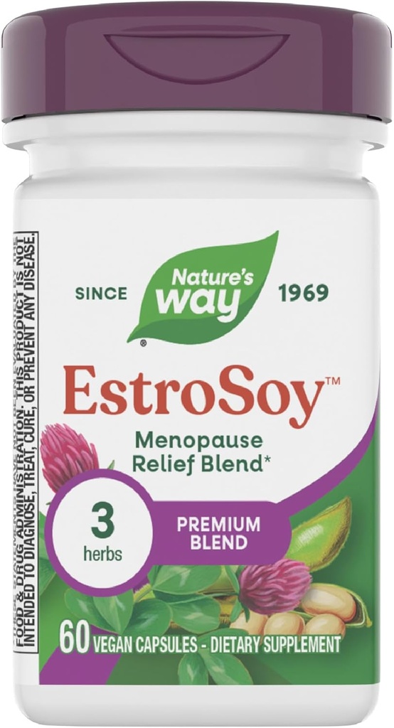 Nature's Way EstroSoy, Ménopause Relief Blend*, aide à soulager les symptômes ménopausés*, Cohosh noir, trèfle rouge et soja fermenté, 60 gélules de végétalien