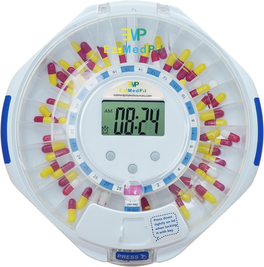 EziMedPil Automatic Pill Dispenser for Elderly & Alzheimer’s Care w/Audio & Visual Alerts, up to 6 Alarms/Day, Easy-Read LCD Display, 6 Dosage Templates, Lock Key for Vitamins, Clear Lid