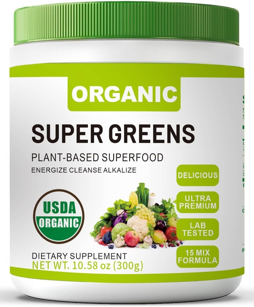Poudre bio Super Green Super avec Spiruline et Chlorella pour la santé de Gut, soutient l'immunité, la santé digestive, l'énergie naturelle, probiotique, antioxydant, enzymes digestives, (300grs)