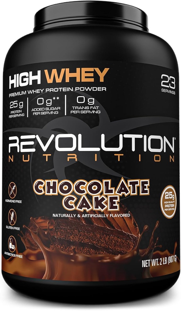 Revolution Nutrition, haute lactosérum, poudre de protéines 2LB, lactosérum isolé, sans gluten, masse musculaire maigre pour les hommes et les femmes, 25g de protéines par scoop, 908 g, 24 portions (Cake chocolat, 2 livres)