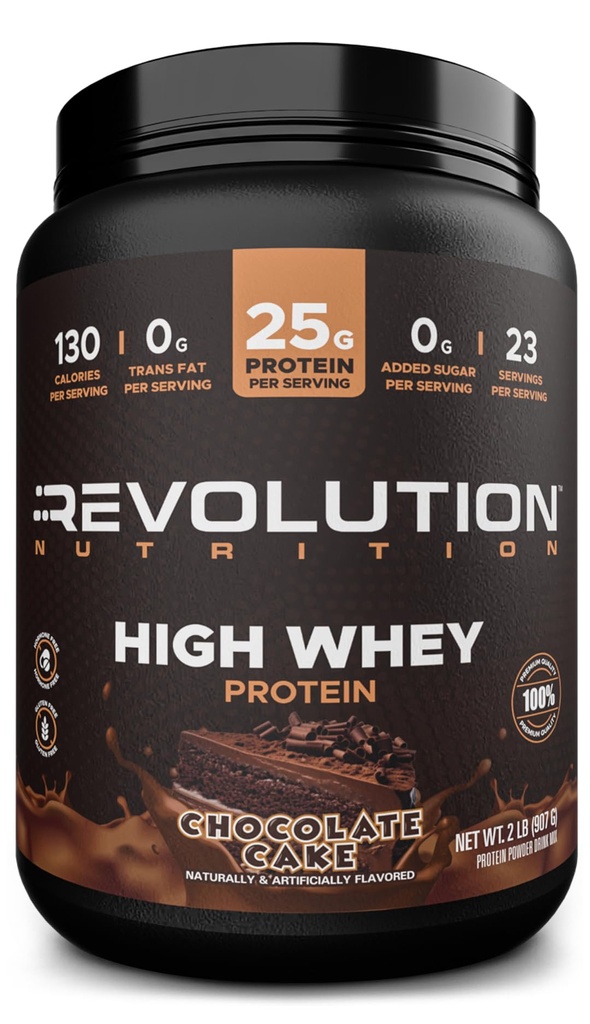 Revolution Nutrition, haute lactosérum, poudre de protéines 2LB, lactosérum isolé, sans gluten, masse musculaire maigre pour les hommes et les femmes, 25g de protéines par scoop, 908 g, 24 portions (Cake chocolat, 2 livres)
