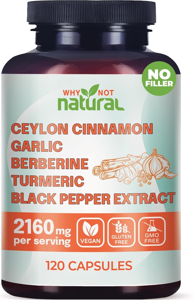 5-en-1 Capsules de cannelle de Ceylan biologique avec des pilules d'extrait de poivre noir berbère, ail, curcuma