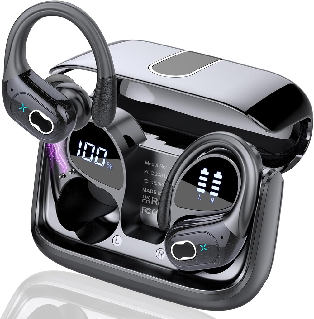 Ecouteurs sans fil 75h Bluetooth 5.4 Casque Sport, 2025 Ecouteurs Bluetooth Stereo Deep Bass Over Ear Bud with Earhooks, ENC Noise Cancelling Mic, IPX7 Waterproof Earphone for Workout/Running