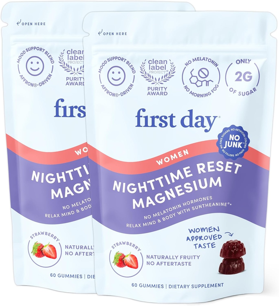 Premier jour Femmes de nuit Réinitialiser Calmer Magnésium Gummies – Aide au sommeil soutient le repos pacifique, l'humeur équilibrée et l'énergie – Supplément avec Magnésium Citrate, L-Theanine & No Melatonin – 60 jours de ravitaillement