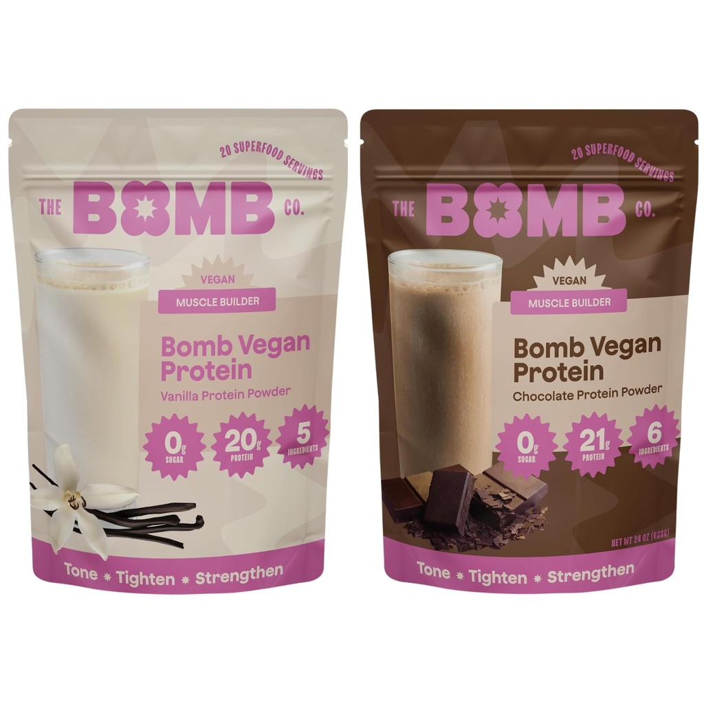 Blender Bombs The Bomb Co. Protéines végétales, chocolat et poudre de protéines de vanille avec 21g de protéines, acides aminés, sucre zéro, protéines de pois, cacao, graines de chia, vanille et fruits de moine, 40 Srvgs