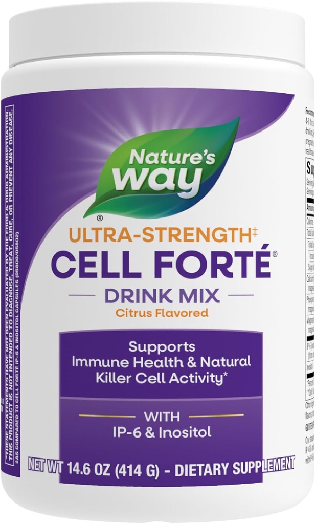 Nature's Way Ultra Strength(1) Cell Forté Drink Mix, IP-6 & Inositol Powder Supplement, soutient la santé immunitaire et l'activité des cellules tueuses naturelles*, Citrus Flavored, Vegan, 14,6 Oz (paquetage May Vary)