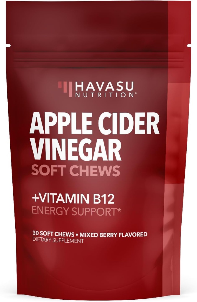 Vinaigres de cidre de pomme avec vitamine B12 et folate - Suppléments pratiques de vinaigre de cidre de pomme pour l'énergie et la santé digestive - 30 Compte - emballés individuellement - Mélange de saveur de baie, végétalien - 1 mois d'approvisionnement