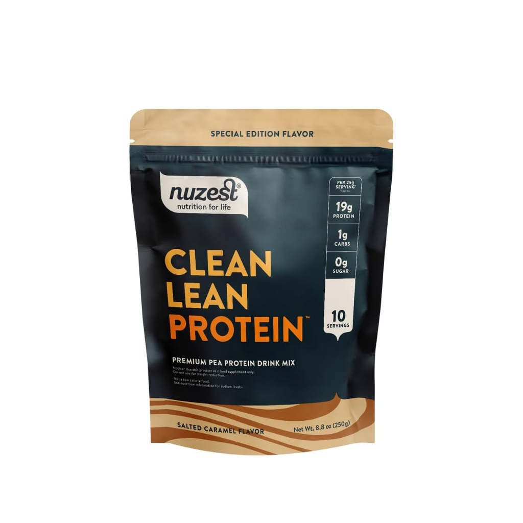 Nuzest - Poudre de protéines de pois - Protéines propres, Poudre de protéines végétales premium, Sans lait, Sans gluten, Sans OGM, Agrouillage de protéines (8.8 Ounce (paquet de 1), Caramel salé)
