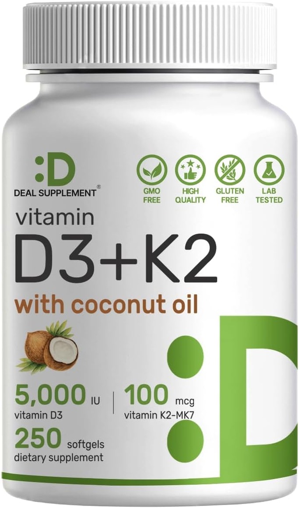 SUPPLÉMENT DE DÉAL Vitamine D3 5 000 UI + K2 MK7 softgels 100mcg Complexe 2-en-1 avec huile de coco vierge