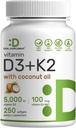 SUPPLÉMENT DE DÉAL Vitamine D3 5 000 UI + K2 MK7 softgels 100mcg Complexe 2-en-1 avec huile de coco vierge.