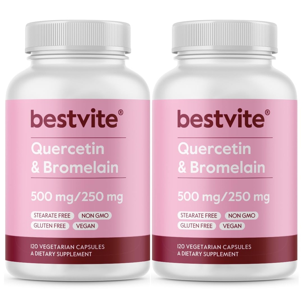 BESTVITE Quercetine avec Bromelain 500mg/250mg (240 Capsules végétariennes) (120 x 2) - Pas de stéarate - Pas de dioxyde de silicone - Vegan - Non OGM - Sans gluten