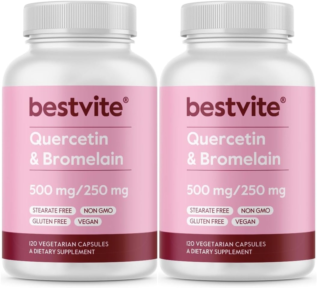 BESTVITE Quercetine avec Bromelain 500mg/250mg (240 Capsules végétariennes) (120 x 2) - Pas de stéarate - Pas de dioxyde de silicone - Vegan - Non OGM - Sans gluten