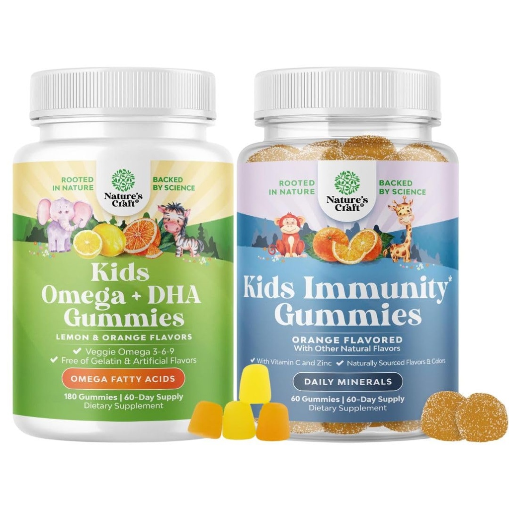 Ensemble de gommes Omega DHA pour les enfants - Acides gras Omega 3 6 9 avec vitamine C pour le cerveau, l'immunité et la vision et les enfants Gommies de soutien à l'immunité - Delicious Vitamine C avec Zinc et Echinacea Immune Booster