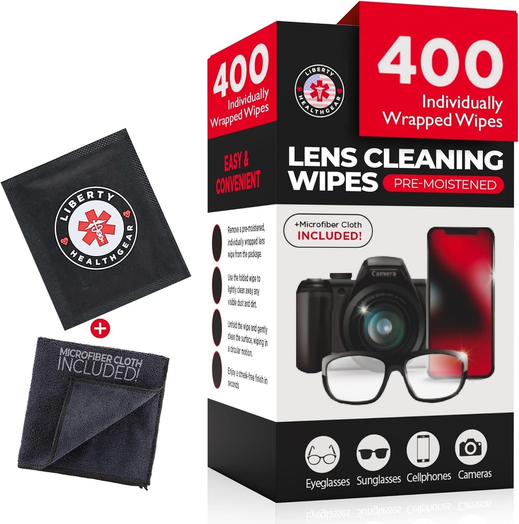 400 Wipes de nettoyage de lunette + Clou Microfibre pour Lunettes de vue & Nettoyant de Lens , Pré-ludifié, emballé individuellement, moins d'alcool Formule , Crayons de Lens pour Lunettes de vue, Lunettes de Lens & Écran