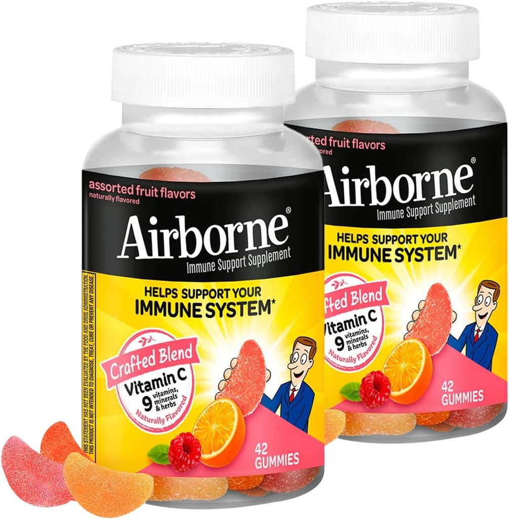 Airborne 750mg Vitamine C Supplément de soutien immunitaire Gommies pour adultes, Arôme de fruits assortis, Mélange sans gluten avec des antioxydants puissants Vitamines A C & E, 42 Gommies (2 Pack)