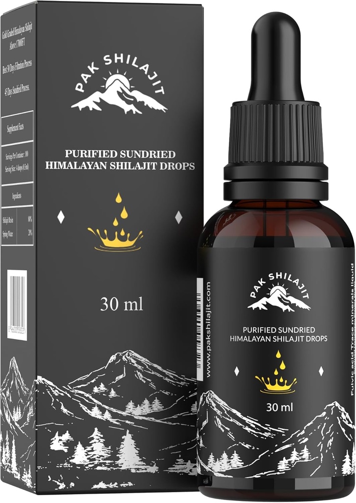 PakShilajit® Sun Séché Himalayan Shilajit gouttes liquides, la plupart Premium & Or biologique nuanced Shilajit gouttes au-dessus de 17000FT (30ML Pack), Riche en Acid Humic Acid Supplément naturel