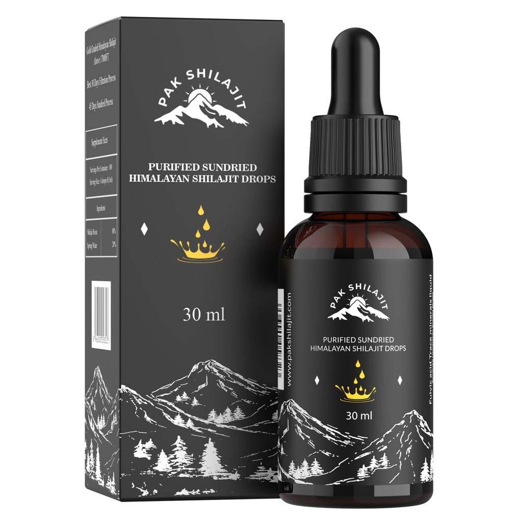 PakShilajit® Sun Séché Himalayan Shilajit gouttes liquides, la plupart Premium & Or biologique nuanced Shilajit gouttes au-dessus de 17000FT (30ML Pack), Riche en Acid Humic Acid Supplément naturel