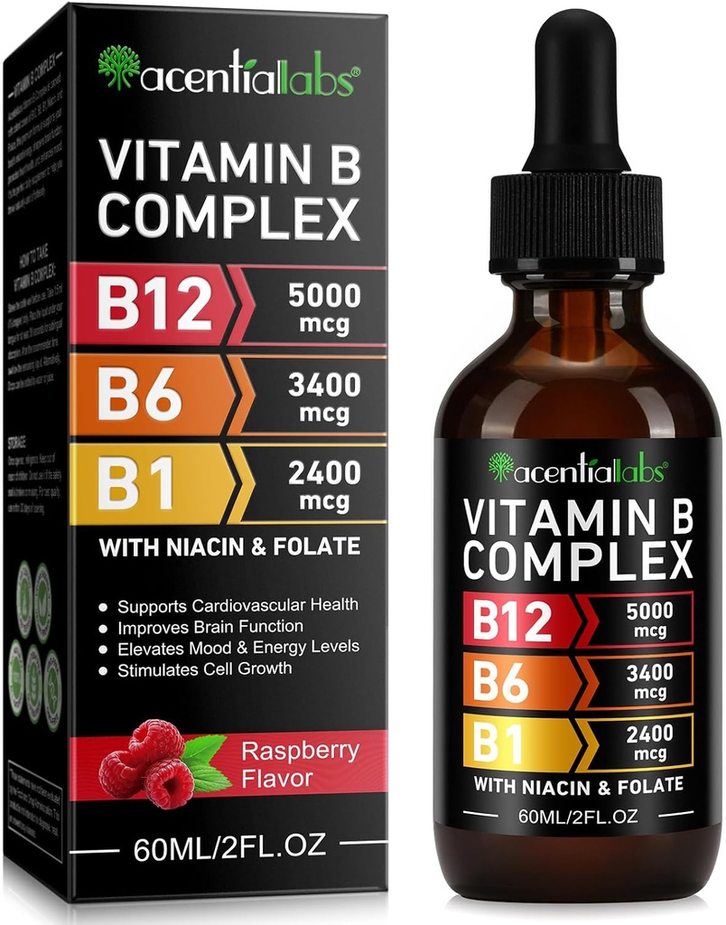 Vitamine B12 gouttes liquides - Vitamine biologique B12 gouttes sublinguales - Vitamine biologique B-Complex B5 Acide pantothénique - Vegan B12 Sublingual 5000 mcg avec vitamine B6, liquide B12 méthylcobalamine soutient
