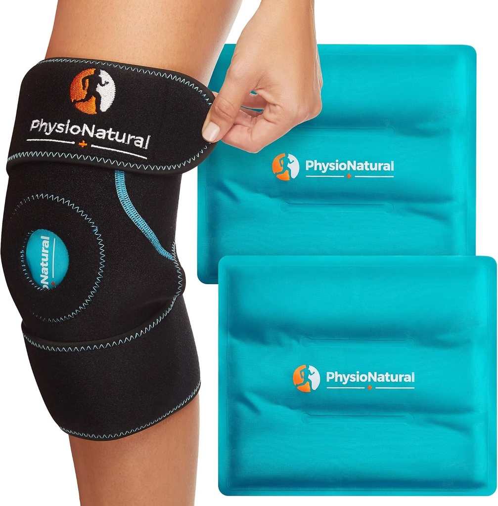 Paquet de glace physioNatural pour soulager la douleur au genou, enveloppe de glace en gel réutilisable pour blessures aux jambes, gonflement, chirurgie de remplacement du genou, thérapie contre le compression à froid pour l'arthrite, la tee ménisque et l'ACL